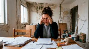 Mulher preocupada com documentos de compra de imóvel